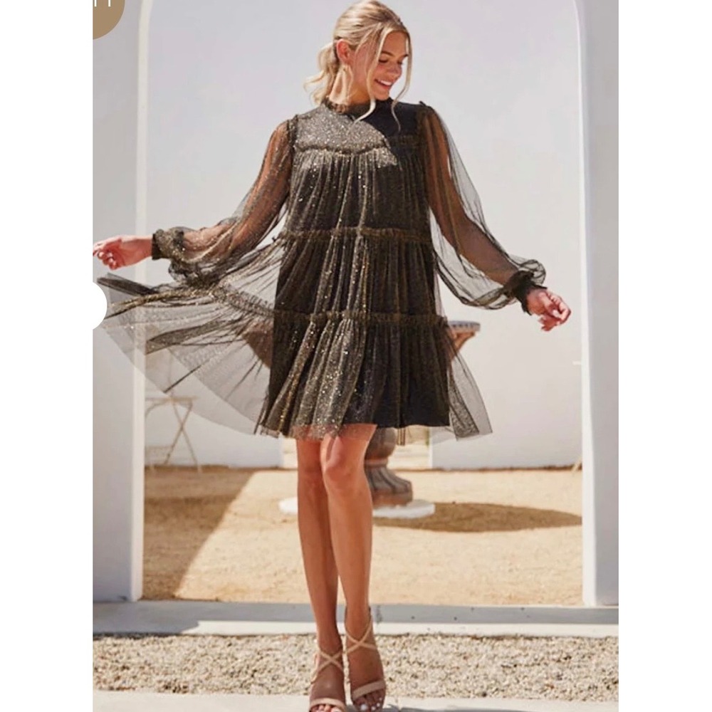 JODIFL Gold Metallic Mesh Tiered Babydoll Dress Black Long Sleeve Party Medium